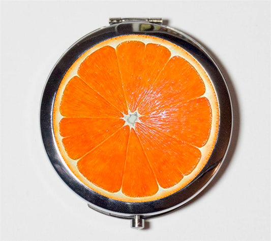 Orange Slice Compact Mirror - Pop Art Fruit Kitsch - Make Up Pocket Mirror for Cosmetics