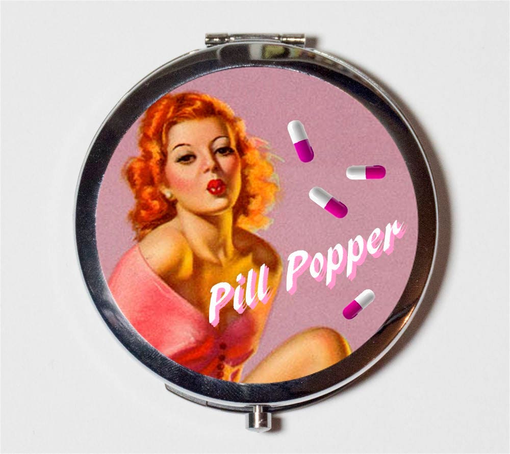 Pill Popper Compact Mirror - Retro Humor Pin Up Girl Pinup - Make Up Pocket Mirror for Cosmetics