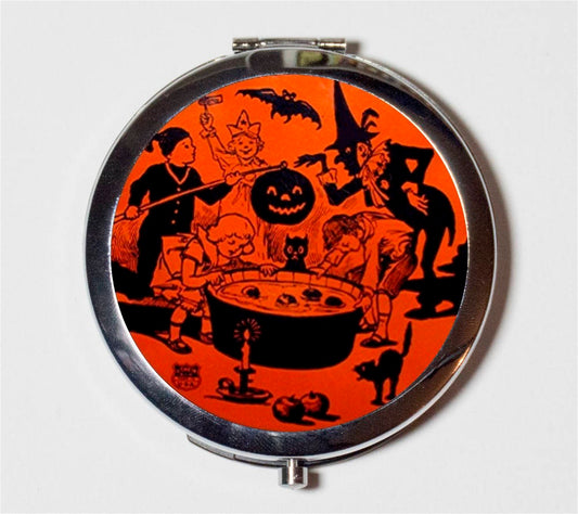 Retro Halloween Compact Mirror - 1950s Bobbing Apples - Make Up Pocket Mirror for Cosmetics