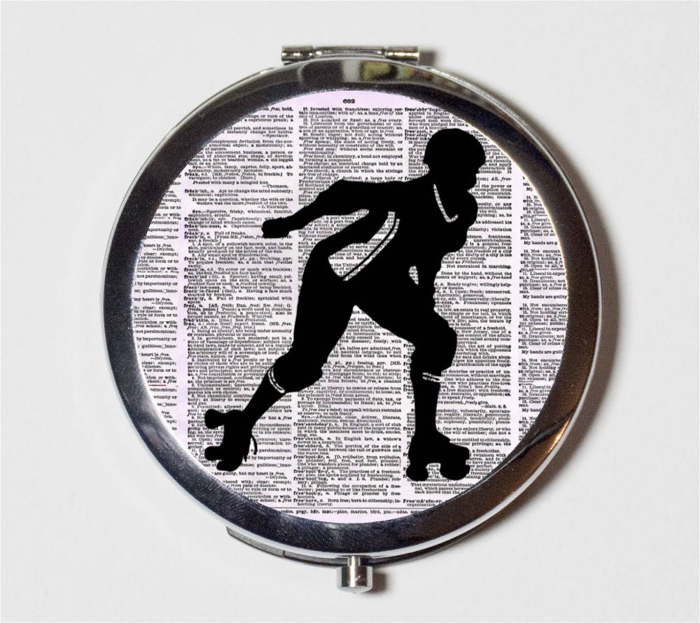 Roller Derby Compact Mirror - Silhouette Roller Skating Skates - Make Up Pocket Mirror for Cosmetics