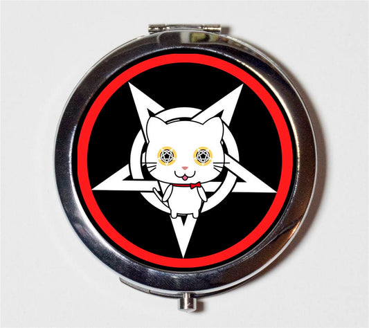 Pentagram Kitty Cat Compact Mirror - Kawaii Occult Magick Red  - Make Up Pocket Mirror for Cosmetics