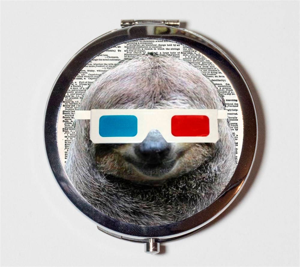 Sloth 3D Glasses Compact Mirror - Anthropomorphic Animal Pop Art - Make Up Pocket Mirror for Cosmetics