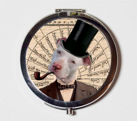 Steampunk Pitbull Compact Mirror - Victorian Pit Bull Dog Anthropomorphic Animal Art - Make Up Pocket Mirror for Cosmetics