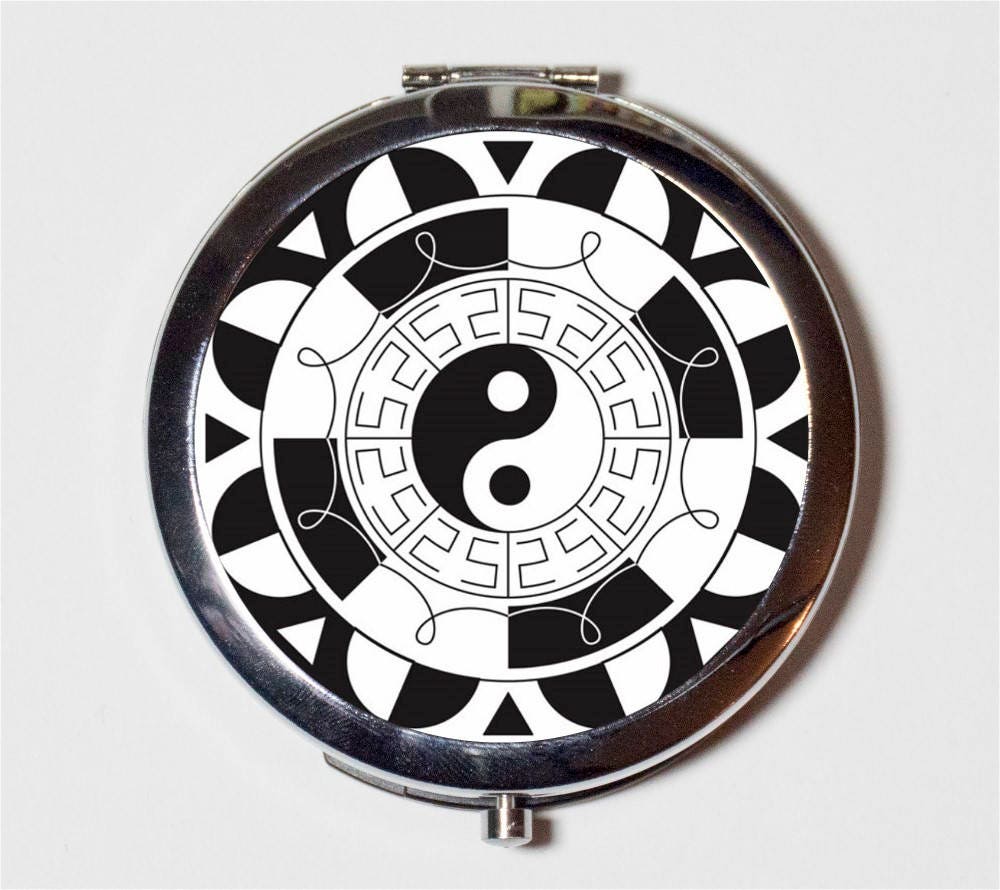 Yin Yang Mandala Compact Mirror - Tao Asian Art Metaphysical New Age - Make Up Pocket Mirror for Cosmetics