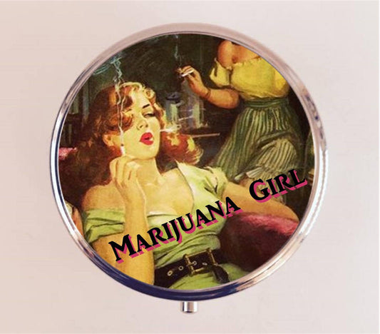 Marijuana Girl Pill Box Case Pillbox Holder Trinket Stash Pulp Fiction Cannabis Weed Stoner Pot Smoker