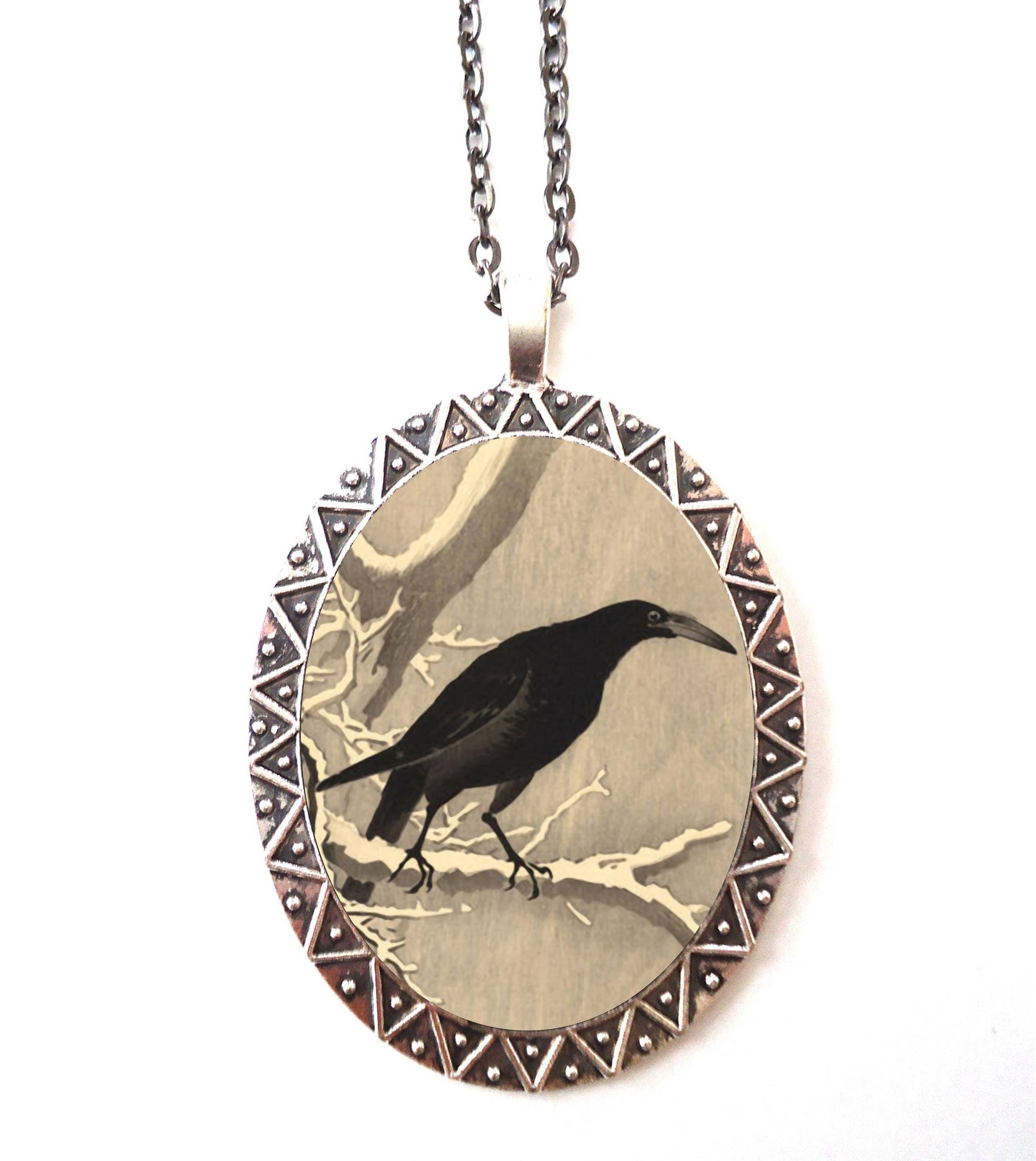 Crow Woodblock Necklace Pendant Silver Tone - Japanese Asian Art Japan Blackbird Bird