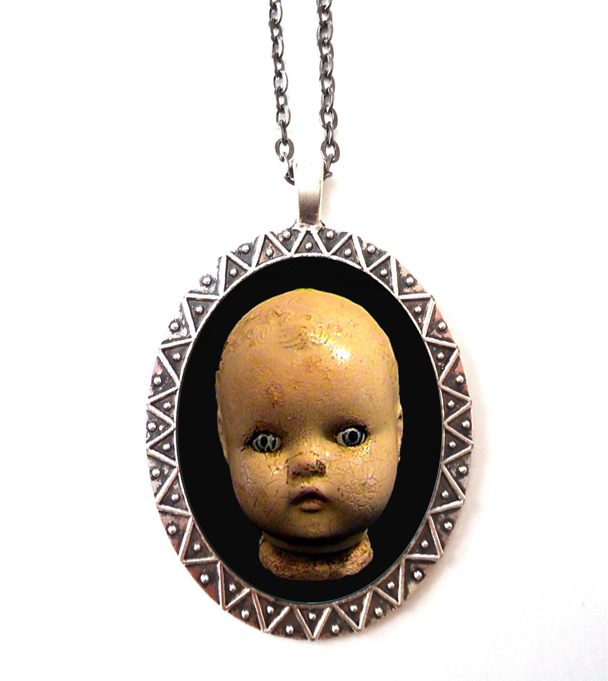 Doll Head Necklace Pendant Silver Tone - Creepy Victorian Antique Goth