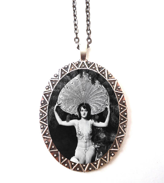 Flapper Ziegfeld Follies Necklace Pendant Silver Tone - Art Deco 1920s Showgirl Dancer Roaring 20s