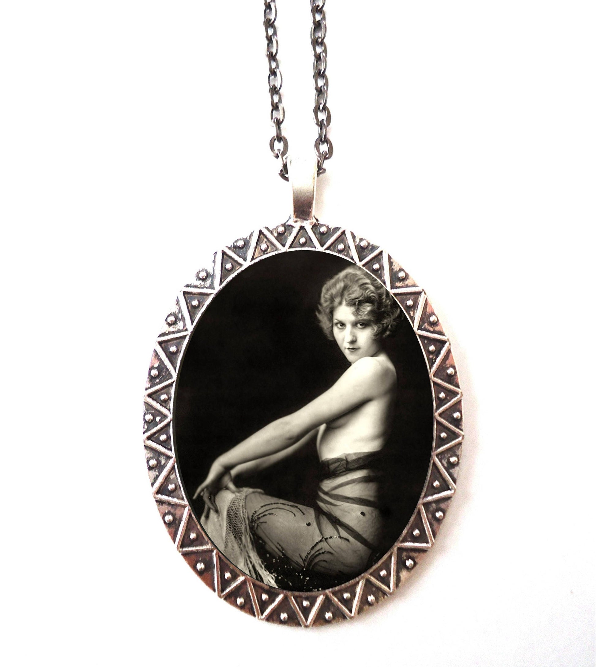 Flapper Ziegfeld Follies Necklace Pendant Silver Tone - Art Deco 1920s Showgirl Dancer Roaring 20s Seated