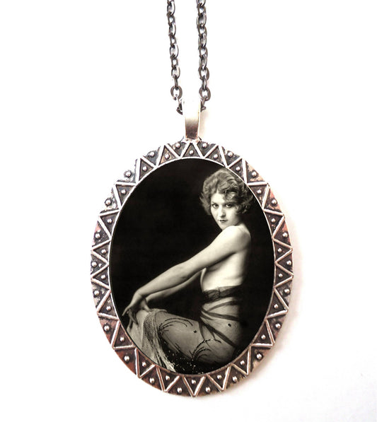 Flapper Ziegfeld Follies Necklace Pendant Silver Tone - Art Deco 1920s Showgirl Dancer Roaring 20s Seated