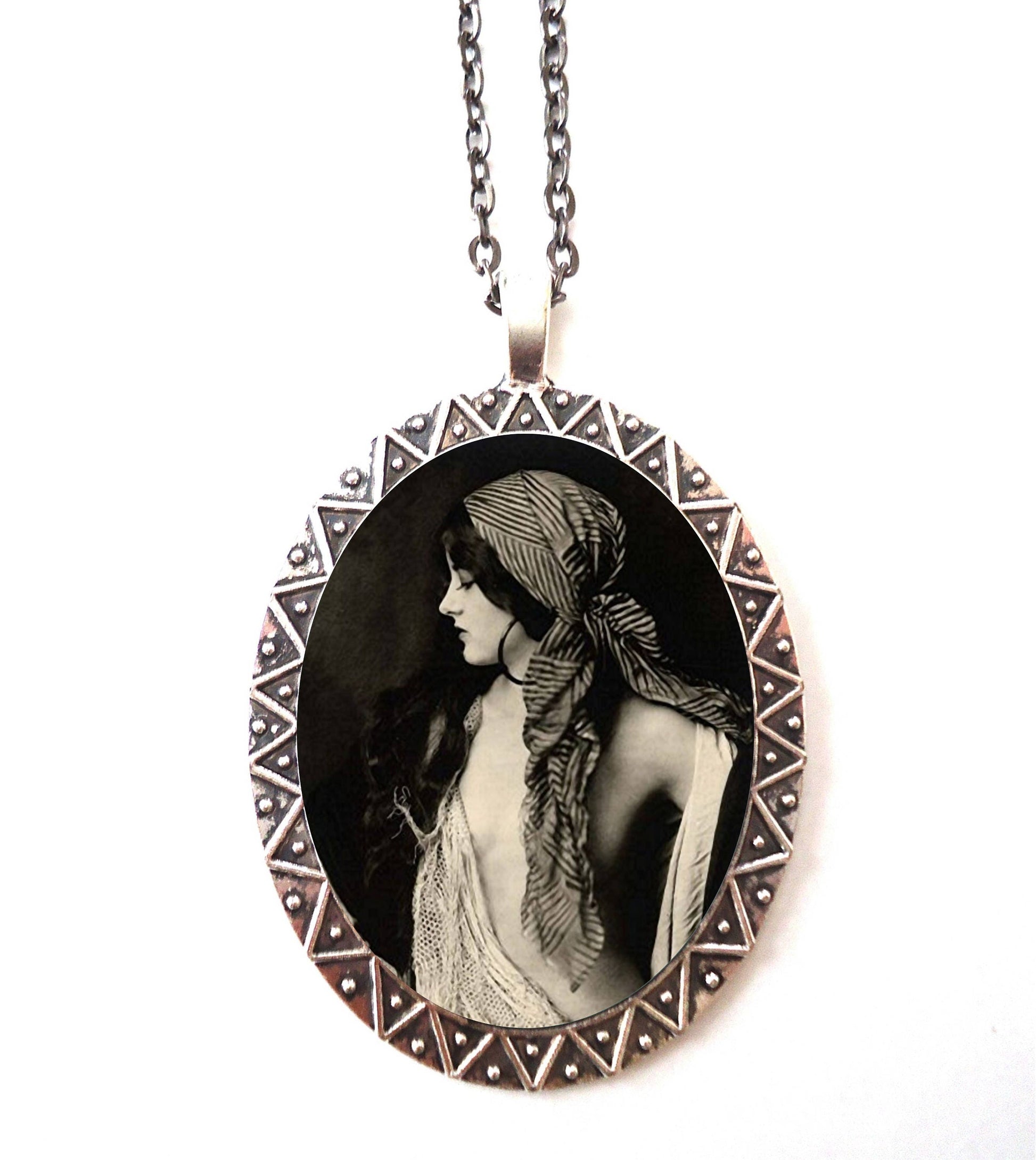 Gypsy Boho Necklace Pendant Silver Tone - Art Deco 1920s Showgirl Dancer Roaring 20s Flapper Ziegfeld Follies