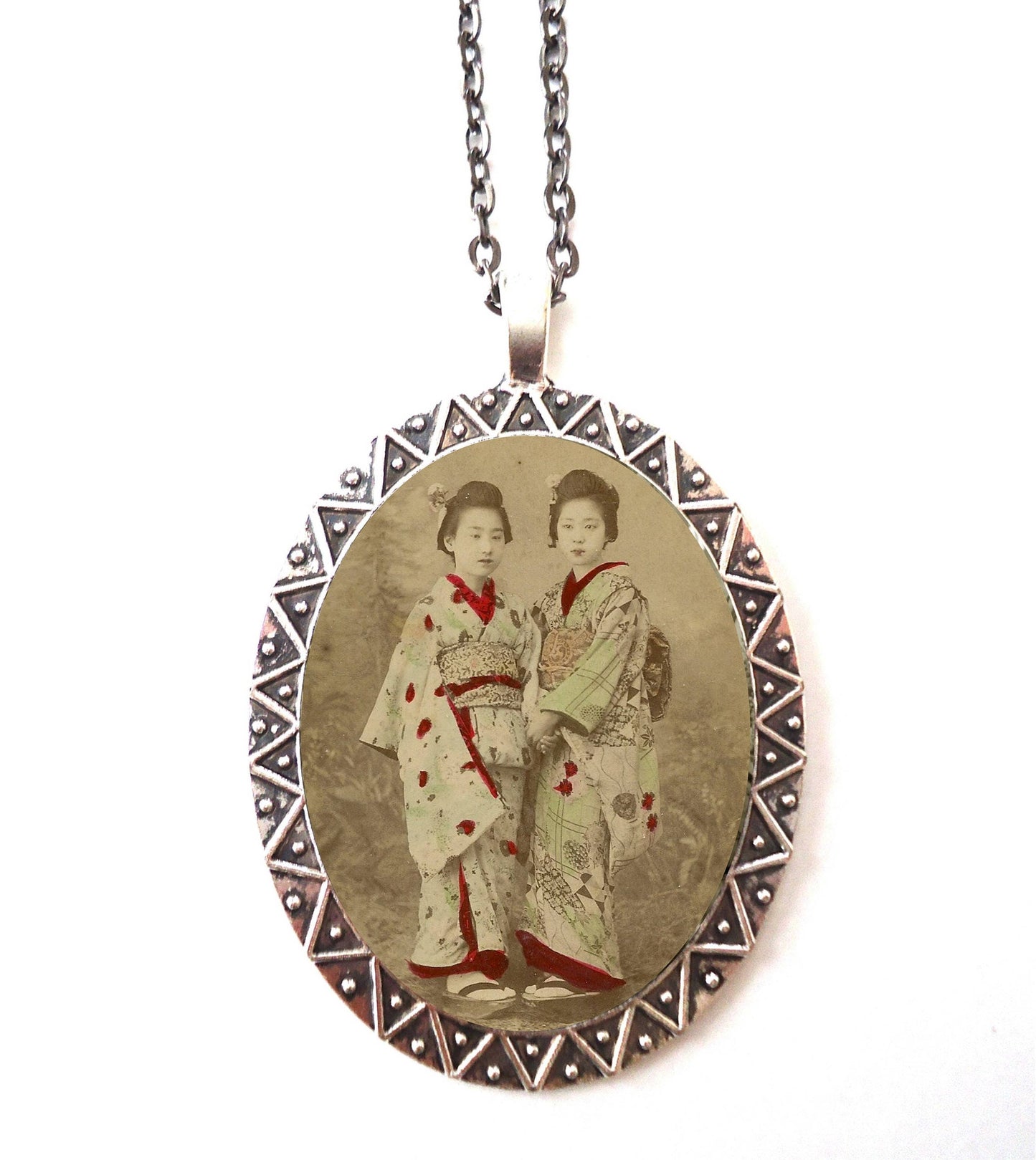 Geisha Twins Necklace Pendant Silver Tone - Japanese Japan Asian Art Portrait