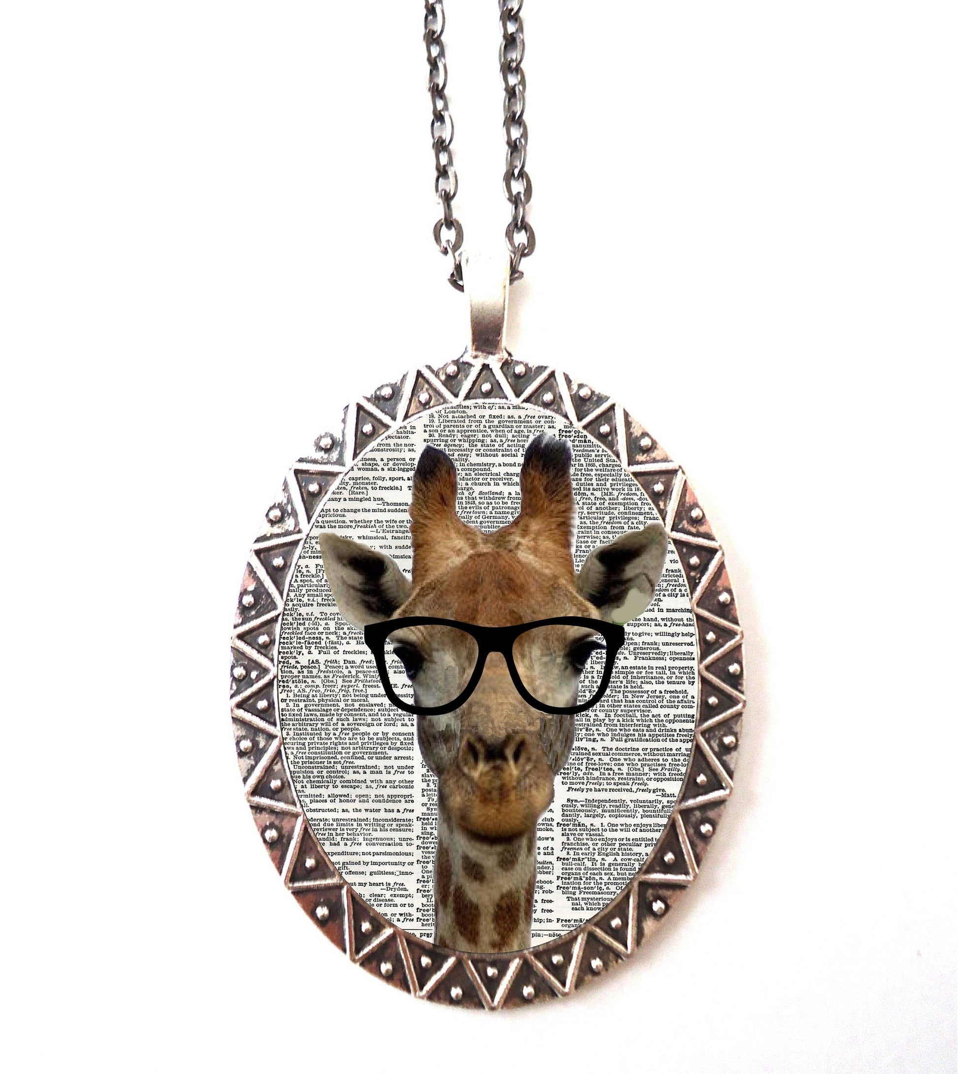 Giraffe Nerd Necklace Pendant Silver Tone - Anthropomorphic Animal Pop Art Whimsical