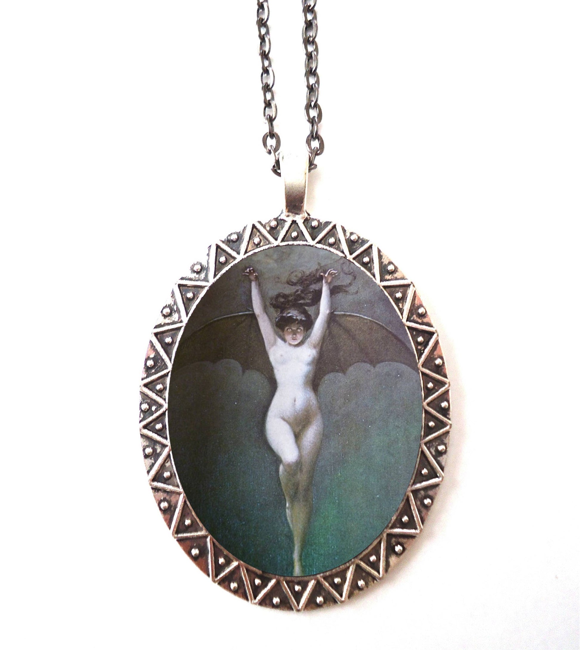 Bat Lady Necklace Pendant Silver Tone - Penot Art Nouveau Woman Goth Gothic Macabre Vamp