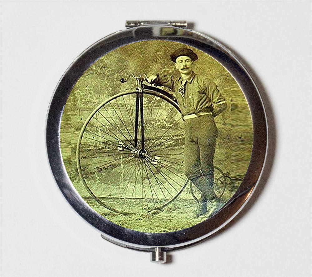 High Wheel Bicycle Compact Mirror - Victorian Bike - Make Up Pocket Mirror for Cosmetics