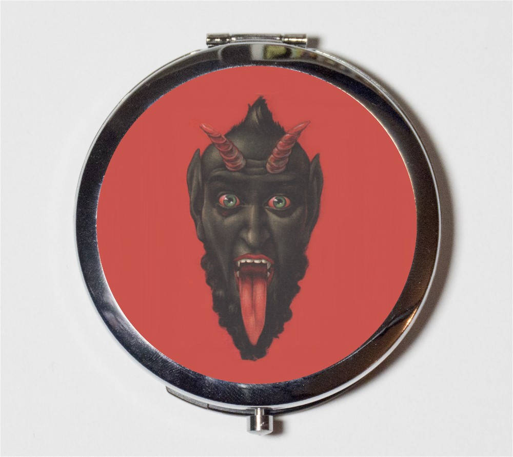 Krampus Compact Mirror - Devil Face Half Goat Half Demon Christmas Character - Make Up Pocket Mirror for Cosmetics