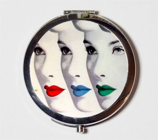 Retro Lips Compact Mirror - Lipstick 1950s Cosmetic Beauty - Make Up Pocket Mirror for Cosmetics