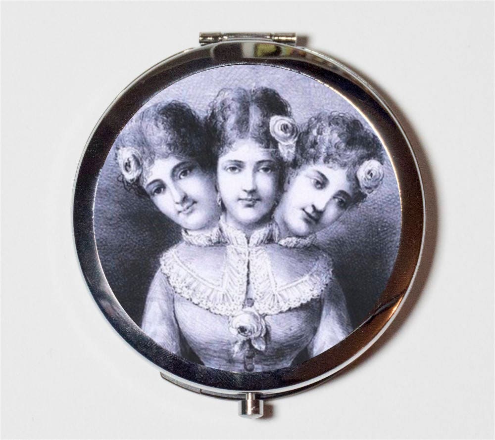 Siamese Twins Compact Mirror - Three Headed Woman Circus Sideshow Freak - Make Up Pocket Mirror for Cosmetics