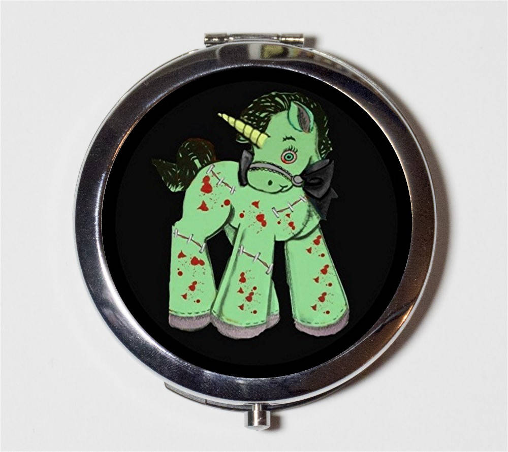 Zombie Unicorn Compact Mirror - Horror Cute and Creepy Kawaii Psychobilly Goth - Make Up Pocket Mirror for Cosmetics