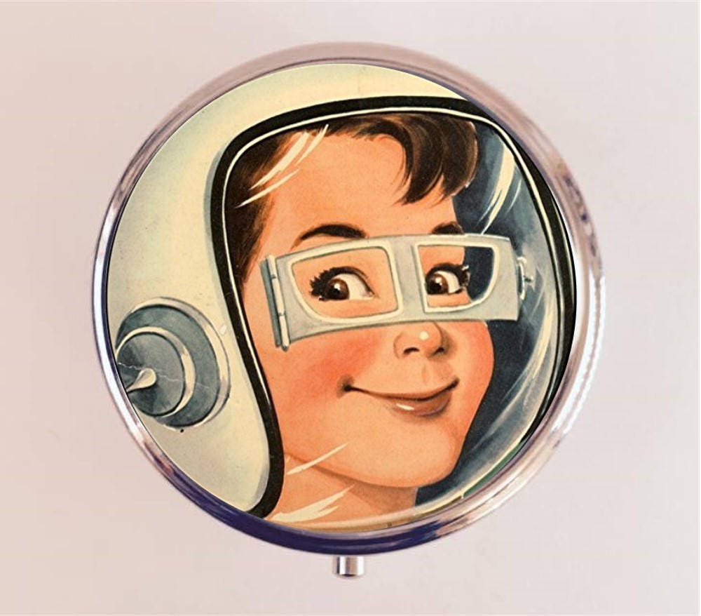 Space Boy Pill Box Case Pillbox Holder Trinket Stash Box Retro Futuristic Astronaut 1950s