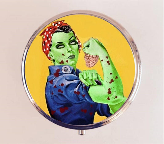 Zombie Rosie the Riveter Pill Box Case Pillbox Holder Trinket Stash Box Goth Creepy and Cute Horror Feminist