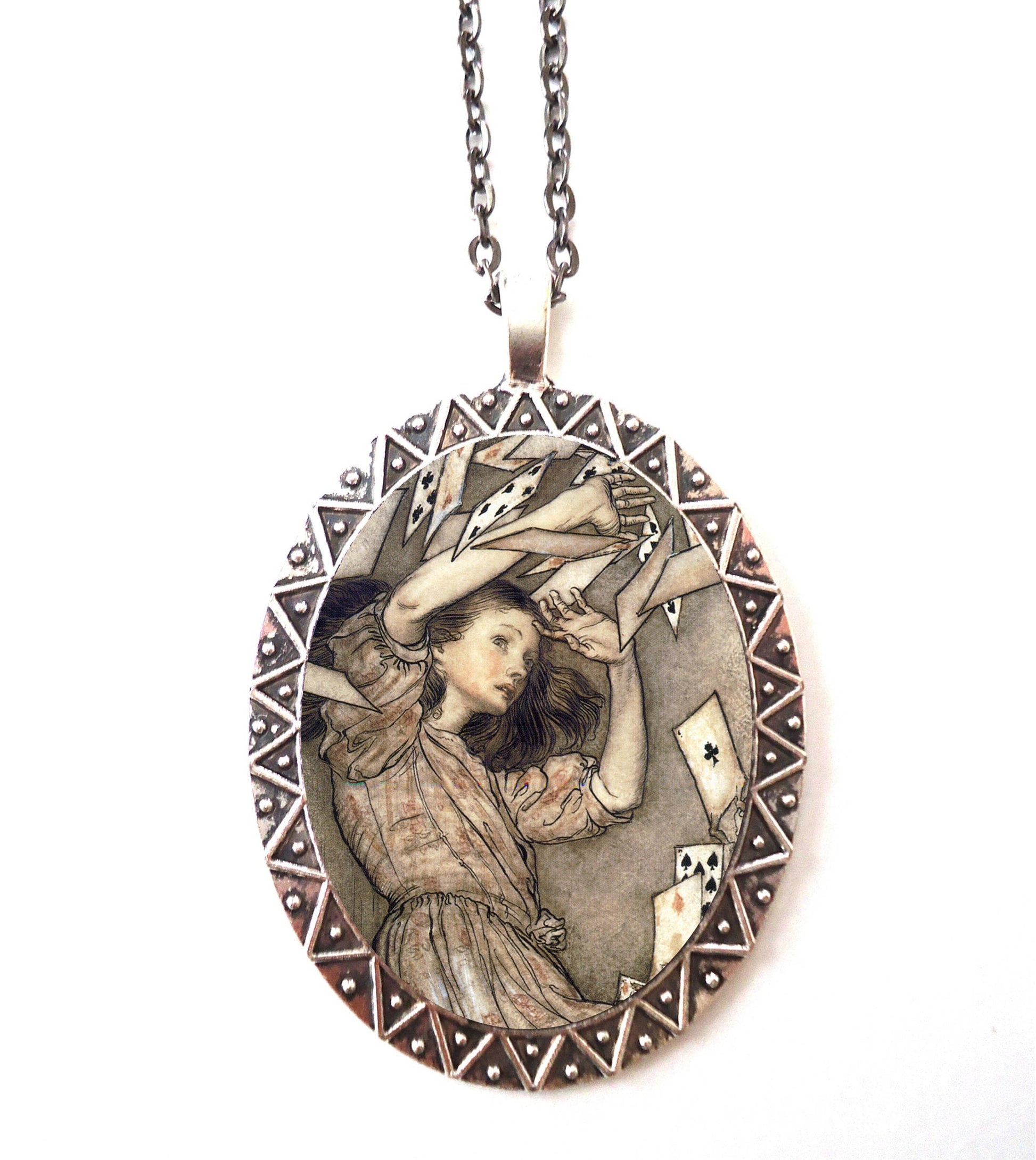 Alice in Wonderland Necklace Pendant Silver Tone - Arthur Rackham Lewis Carroll Book