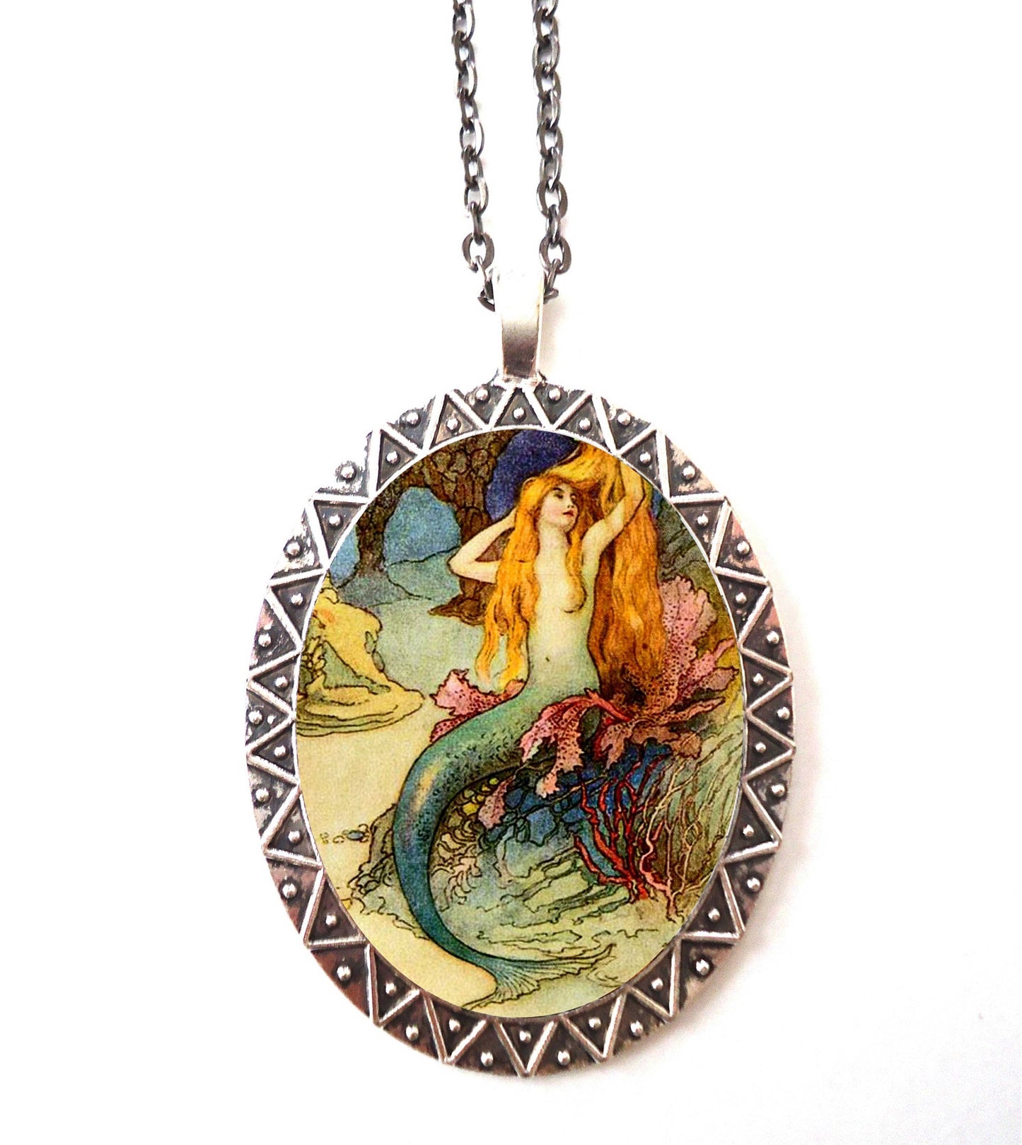 Mermaid Necklace Pendant Silver Tone - Siren Illustration Beach Nautical Edwardian