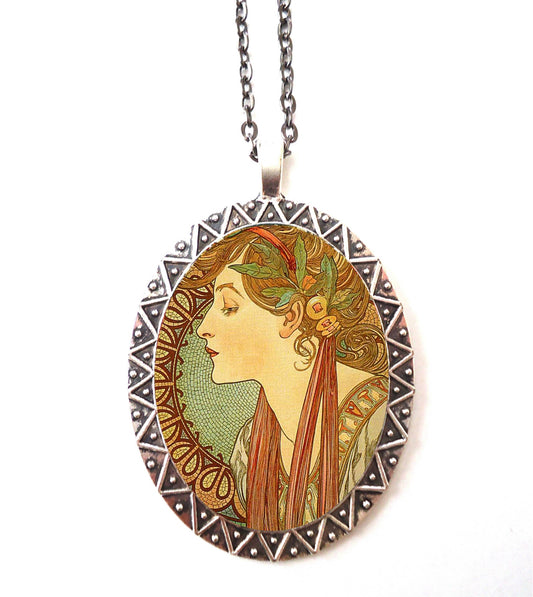 Alphonse Mucha Necklace Pendant Silver Tone - Art Nouveau Boho Bohemian Ivy Cameo Gypsy