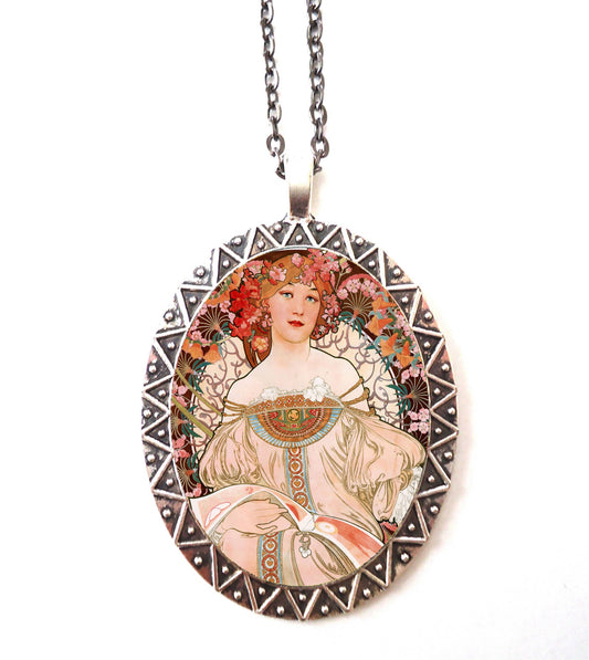 Alphonse Mucha Necklace Pendant Silver Tone - Art Nouveau Boho Bohemian Gypsy Champenois