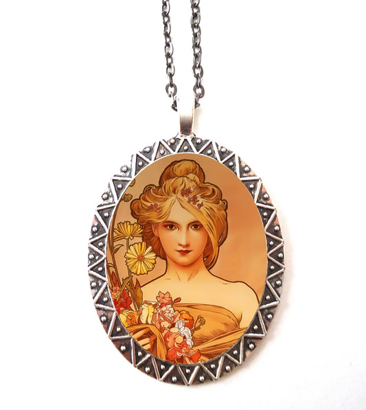 Alphonse Mucha Necklace Pendant Silver Tone - Art Nouveau Boho Bohemian Gypsy Floral