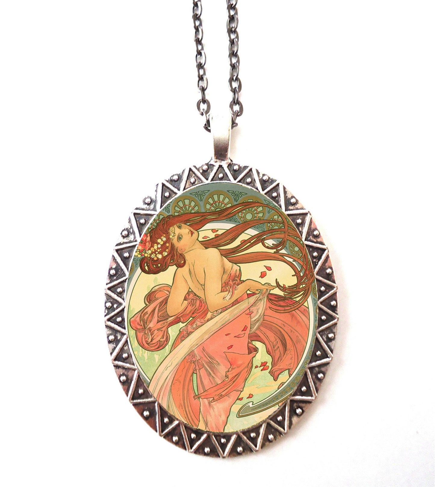 Alphonse Mucha Necklace Pendant Silver Tone - Art Nouveau Boho Bohemian Gypsy Long Hair