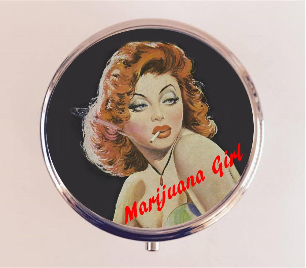 Marijuana Girl Pill Box Case Pillbox Holder Trinket Stash Box Reefer Cannabis Weed Pot Pin Up Pinup Pulp