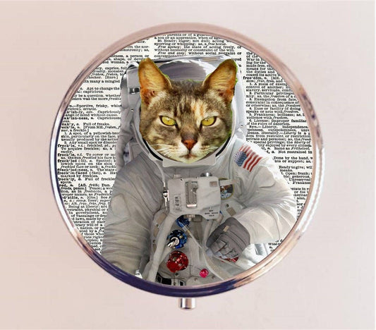 Astronaut Cat Pill Box Case Pillbox Holder Trinket Stash Box Anthropomorphic Animal Art Outerspace