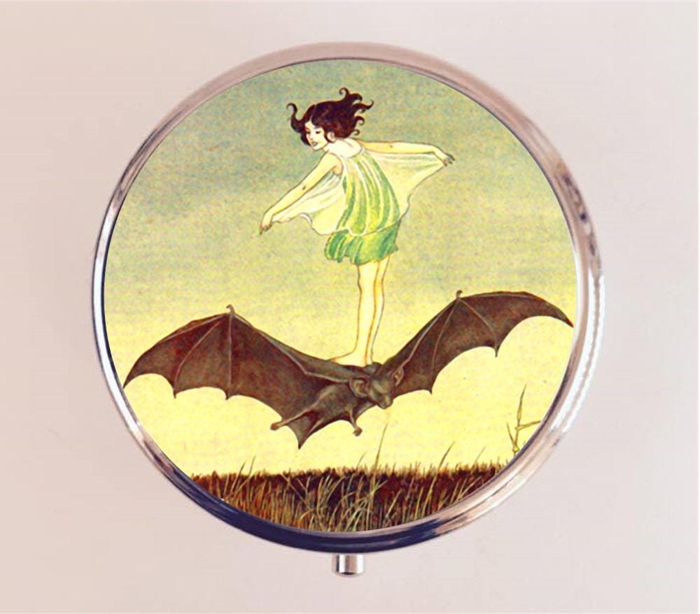 Bat Rider Pill Box Case Pillbox Holder Trinket Stash Box Little Girl Riding Bat Illustration Storybook Goth