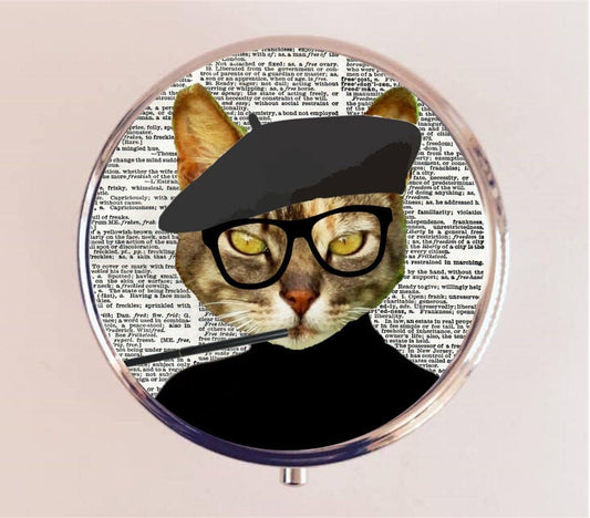 Beatnik Cat Pill Box Case Pillbox Holder Trinket Stash Box Beat Generation Kitten Anthropomorphic Animal