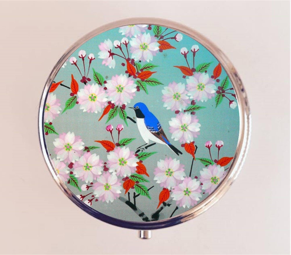 Bluebird Cherry Blossom Pill Box Case Pillbox Holder Trinket Stash Box Sakura Bird Art