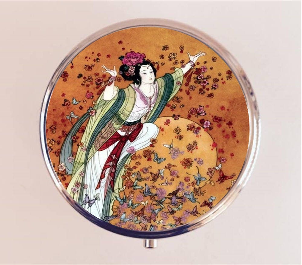 Chinese Butterfly Woman Pill Box Case Pillbox Holder Trinket Stash Box Asian Art China Butterflies