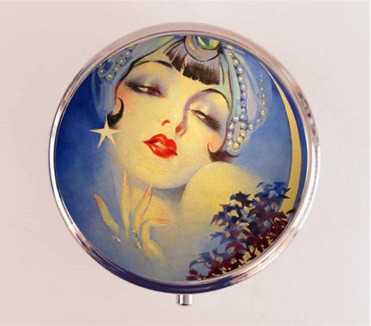 Art Deco Gypsy Pill Box Case Pillbox Holder Trinket Stash Box Moon Flapper Celestial 1920s