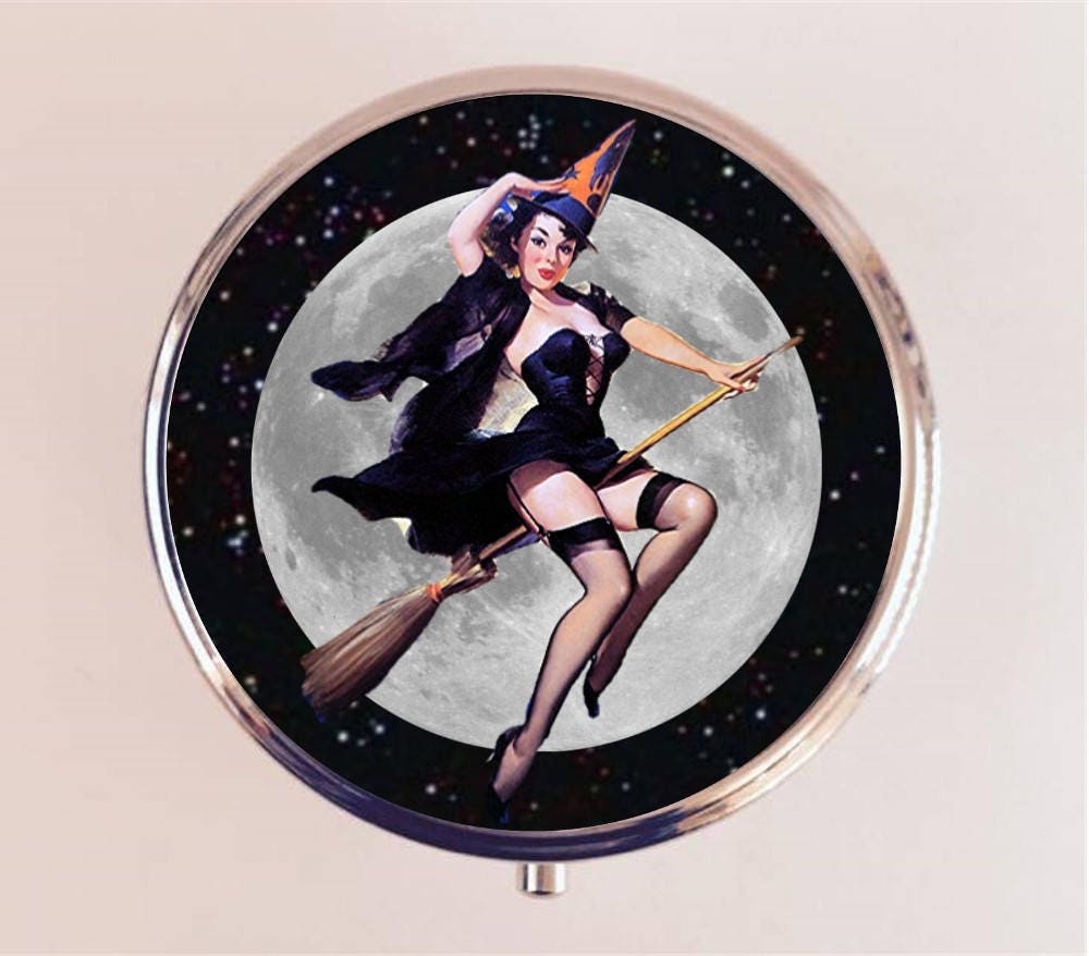 Pin Up Witch Pill Box Case Pillbox Holder Trinket Stash Box Halloween Pinup Girl Goth Moon