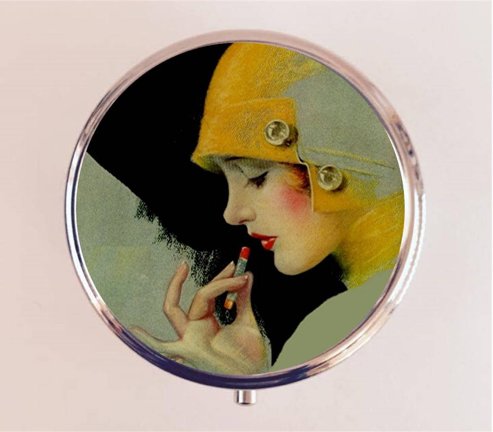 Flapper Lipstick Pill Box Case Pillbox Holder Trinket Stash Box Art Deco Jazz Age Roaring 1920s