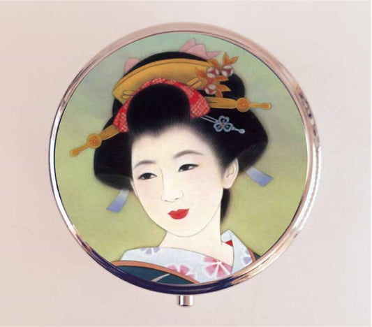 Japanese Geisha Pill Box Case Pillbox Holder Trinket Stash Box Japan Asian Art