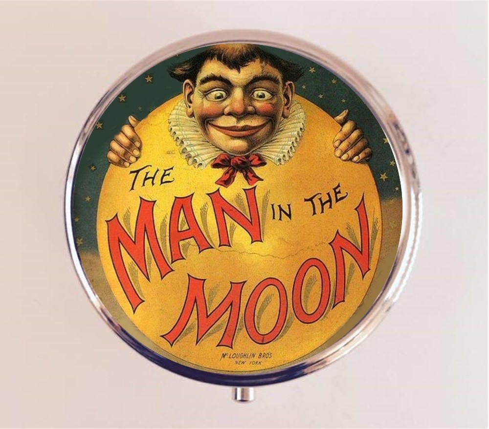 Man in the Moon Pill Box Case Pillbox Holder Trinket Stash Box Nursery Rhyme Storybook Whimsical Victorian