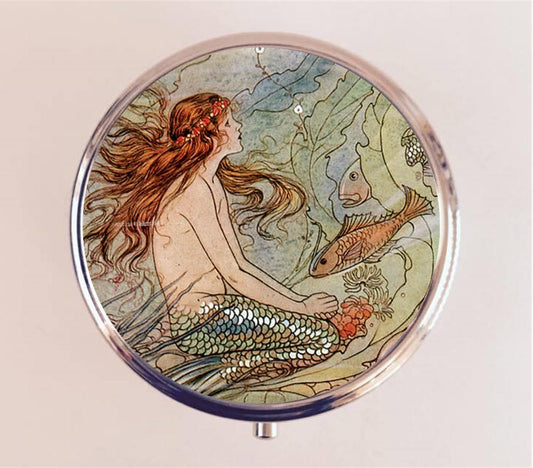 Mermaid Pill Box Case Pillbox Holder Trinket Stash Box School of Fish Nautical Sirens