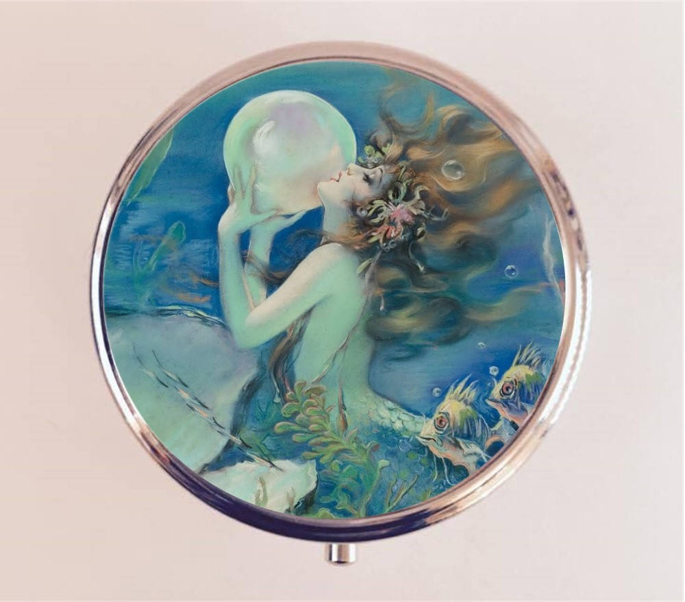 Mermaid Pill Box Case Pillbox Holder Trinket Stash Box Pearl Art Deco Nautical Siren