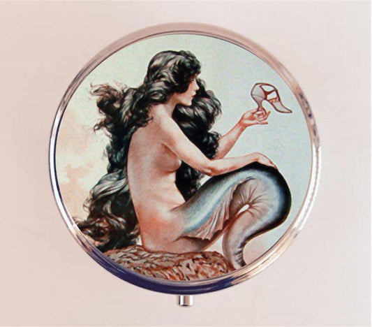 French Mermaid Pill Box Case Pillbox Holder Trinket Stash Box Parisian Art Deco Flapper Nautical Siren