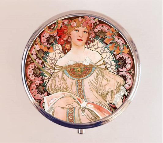 Alphonse Mucha Pill Box Case Pillbox Holder Trinket Stash Box Art Nouveau Champenois