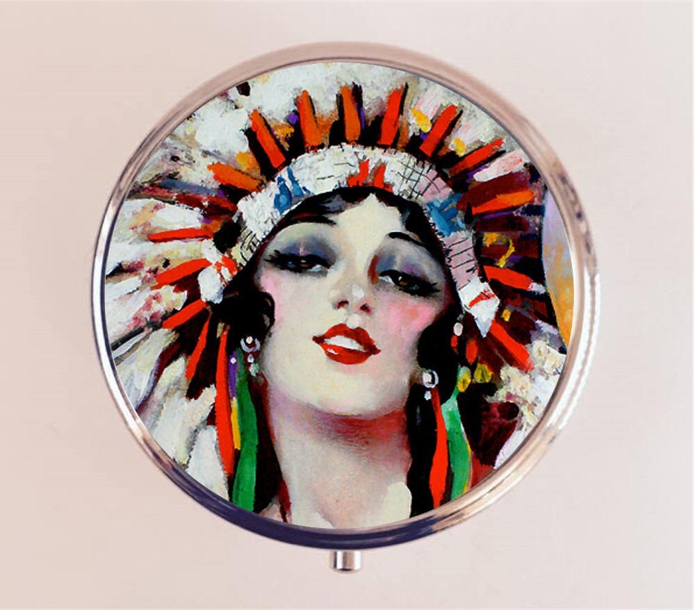 Native American Flapper Pill Box Case Pillbox Holder Trinket Stash Box Art Deco Indian Headdress