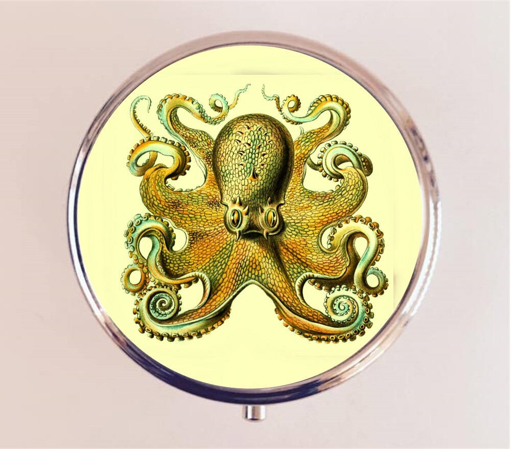 Victorian Octopus Pill Box Case Pillbox Holder Trinket Stash Box Haeckel Steampunk Cream