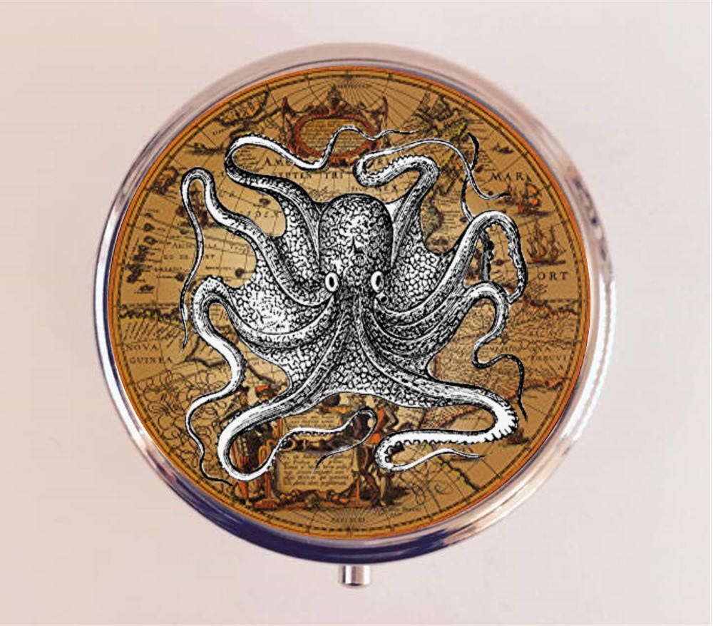 Victorian Octopus Pill Box Case Pillbox Holder Trinket Stash Box Haeckel Steampunk on Map