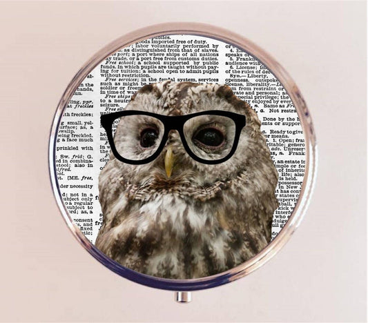 Owl Nerd Pill Box Case Pillbox Holder Trinket Stash Box Anthropomorphic Animal Art Glasses